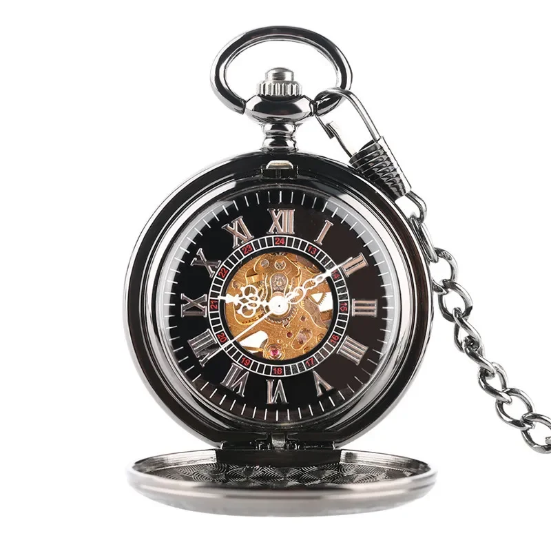 Retro Black Heart Shape Half Hunter Unisex Handwinding Mechanical Pocket Watch Steampunk Pendant Chain Clock Gift Men Women