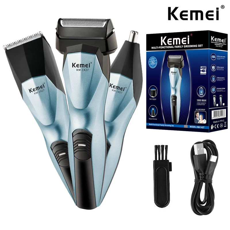 

Kemei 1427 3-in-1 Multifunctional Men Electric Reciprocating Shaver Hair Trimmer Rechargeable Hair Clipper Nose Ear Hair Trimmer