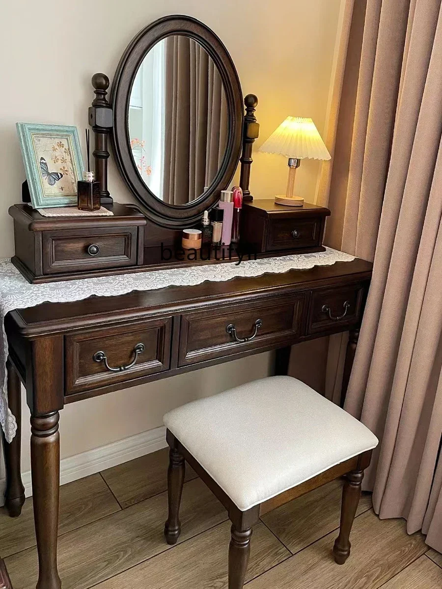 E153  American Country Solid Wood Dressing Table French Retro Makeup Table Small Apartment Bedroom Dressing Table with Storage B