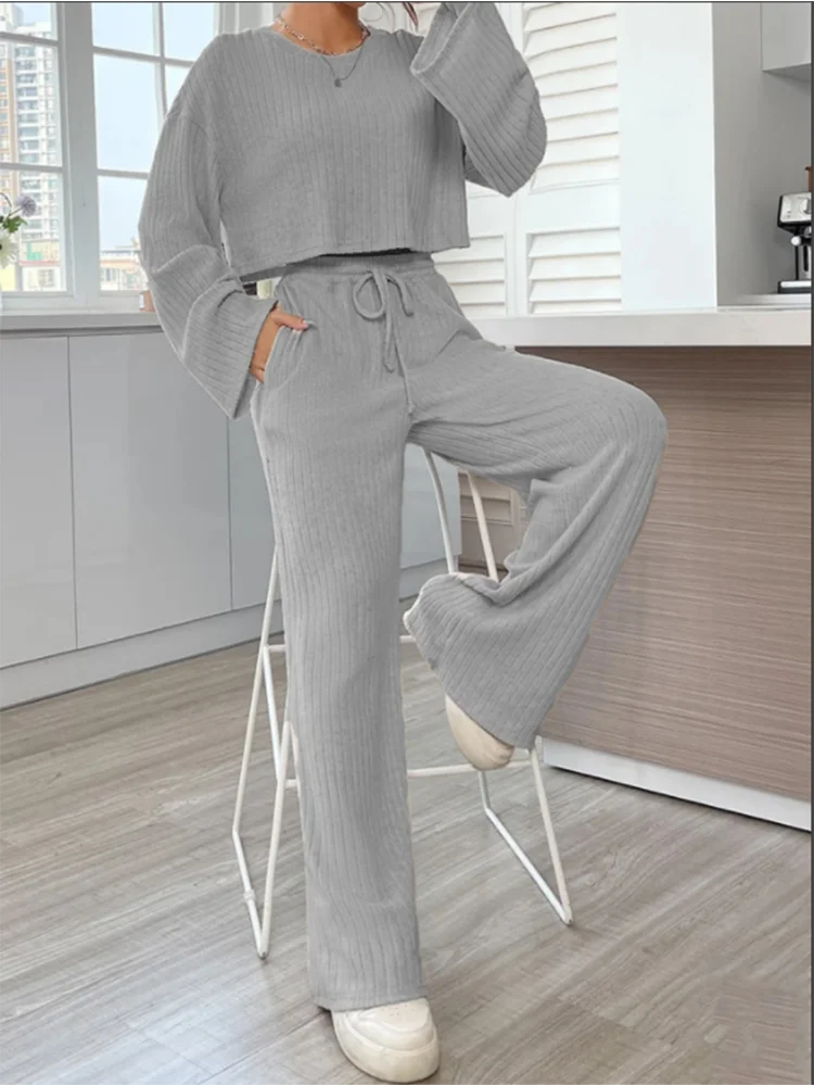 Solid Color Round Neck Long Sleeve pants Set Women\'s Loose Casual Street Sports Simple Autumn Fashion Set