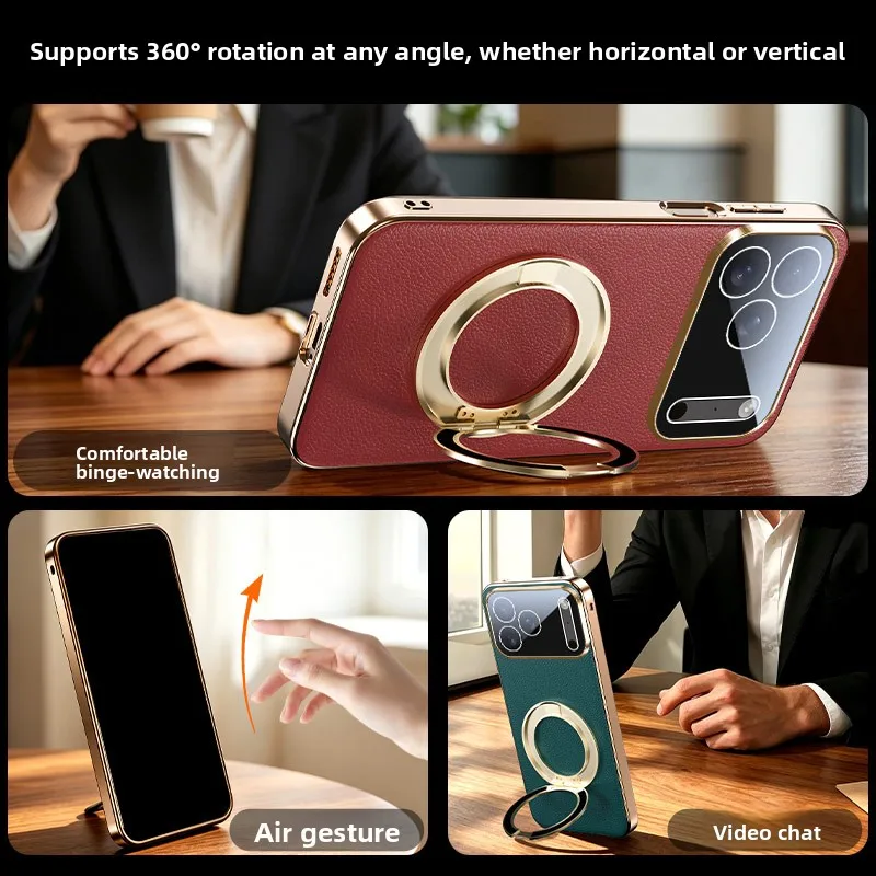 Luksusowe etui na telefon z wykończeniem w formie metalowego obwódku, przeznaczone do modeli iPhone 18, 17 Air, 16, 15, 14, 13 Pro Max, z funkcją MagSafe, magnetycznym uchwytem i obrotową podstawką. — zdjęcie produktu 3