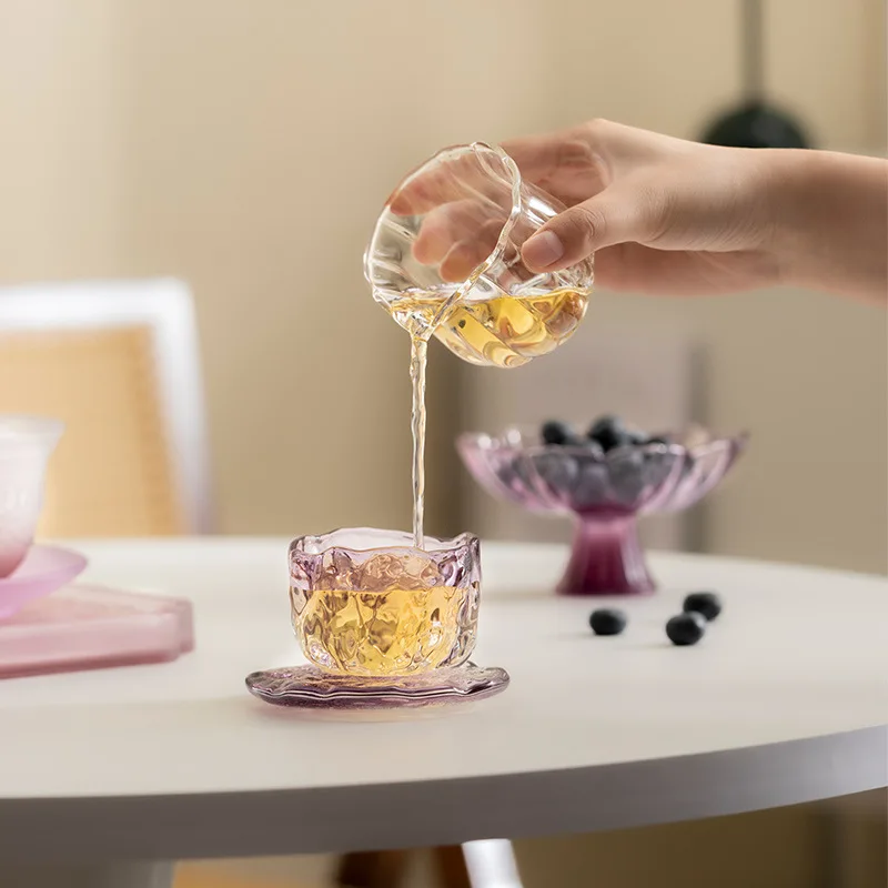 Flowing Cloud Color Crystal Glass Simple Transparent Master Home Kung Fu Tea Cup With Heat Insulation Coaster