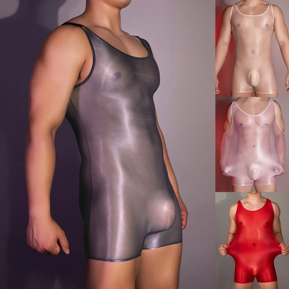 Sexy bodysuit transparente óleo brilhante dos homens, shorts sem mangas, collant monocromático, macacão stretch, tentação lingerie, roupa íntima