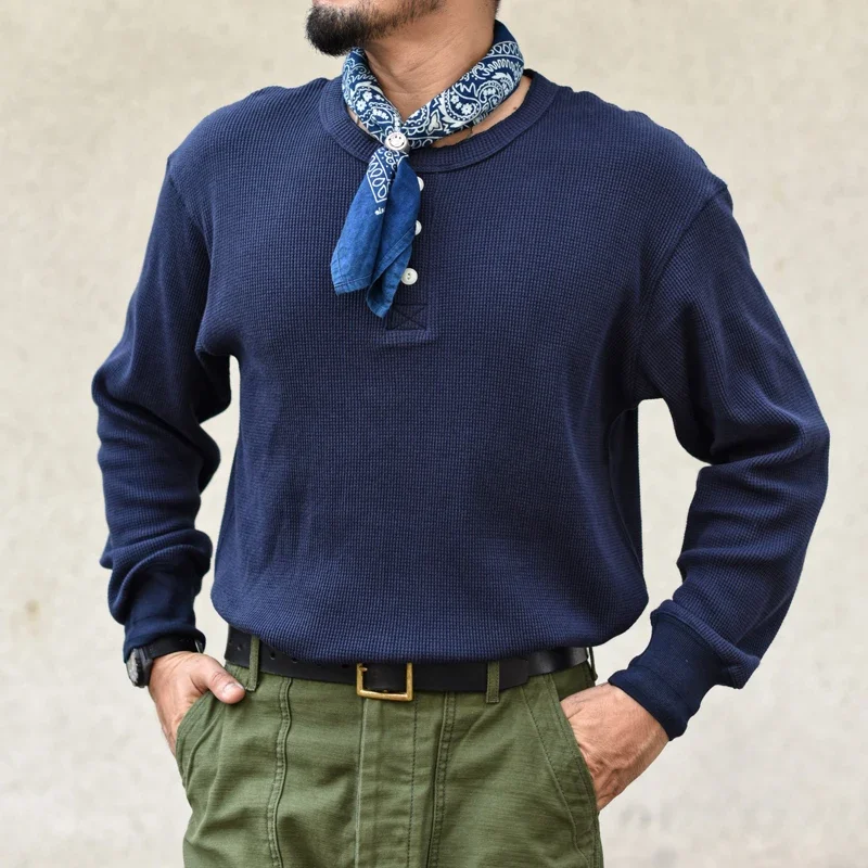 

Sauce Zhan Classic Men's Waffle T-shirt Knit Henley Collar Long Sleeve Pure Cotton Casual Tee Regular Fit 230g