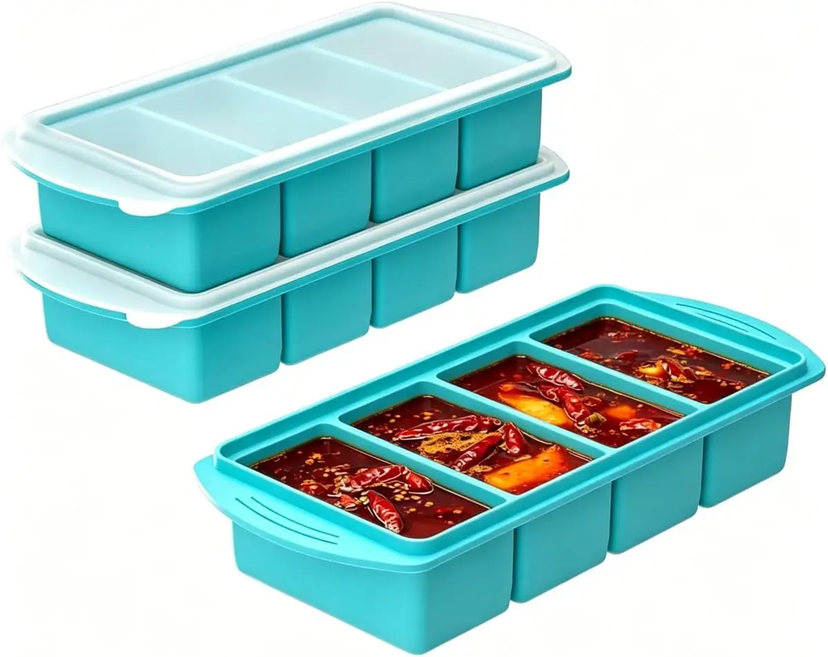 Silicone Freezer Tray with Lid 2 Pack, 1 Cup Large Ice Cube Tray, 8 Portion Soup Freezer Container, Food Freezer Storage & Meal