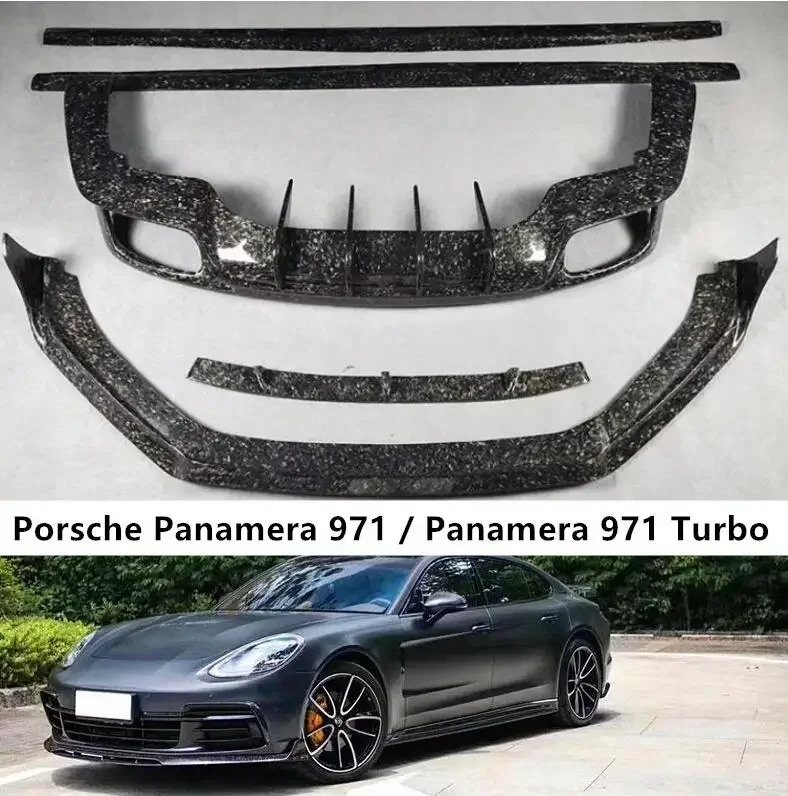 Hot!Front Bumper Lip+Rear Spoiler+Trunk Diffuser+Side Body Skirt For Porsche Panamera 971 GTS Turbo 2017-2021 Forge Carbon Fiber