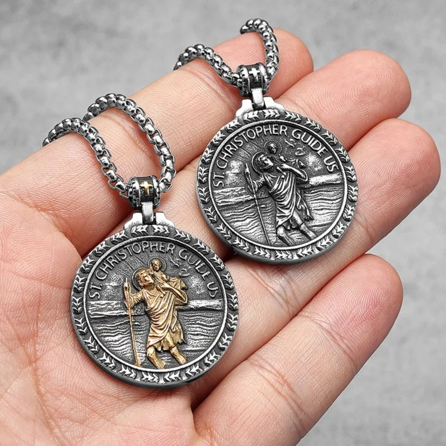 Vintage St Christopher Pendants Men Necklace 316L Stainless Steel Traveler Amulet for Male Religious Lucky Charm Jewelry Gift