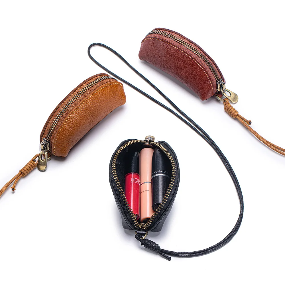 Nuevos monederos de cuero genuino, cartera con cordón, monedero para mujer, cremallera, bolsa de lápiz labial de cuero de vaca para mujer, cartera pequeña
