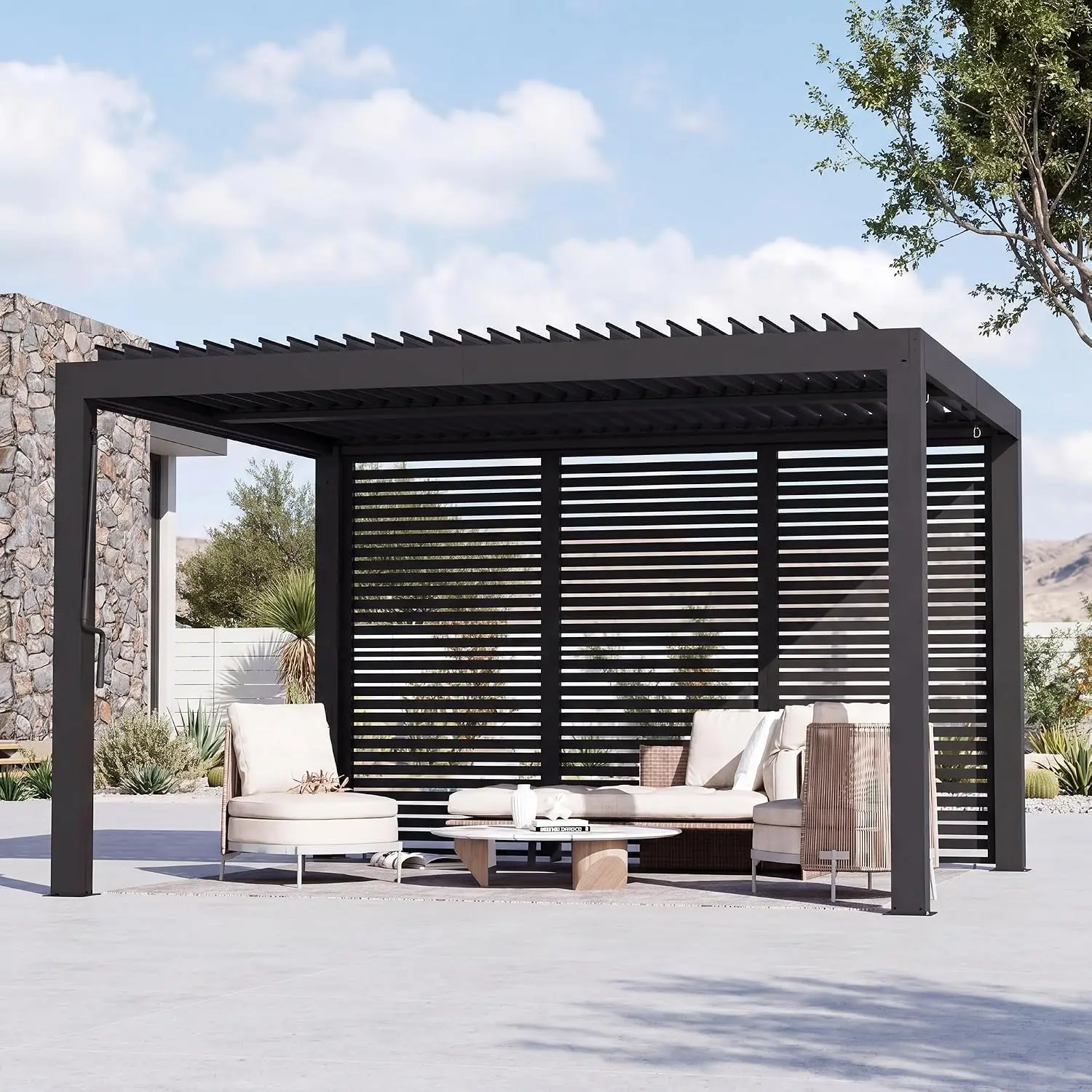 Louvered Pergola Privacy Screen 12ft Galvanized Steel Shade Panel Easy Install Modular Outdoor Black 1 Panel, Customized