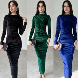 2024 Spring Summer Velvet Long Sleeve Midi Dress For Women Ruched Long Dress Elegant Party Clothes Evening Green Outfits