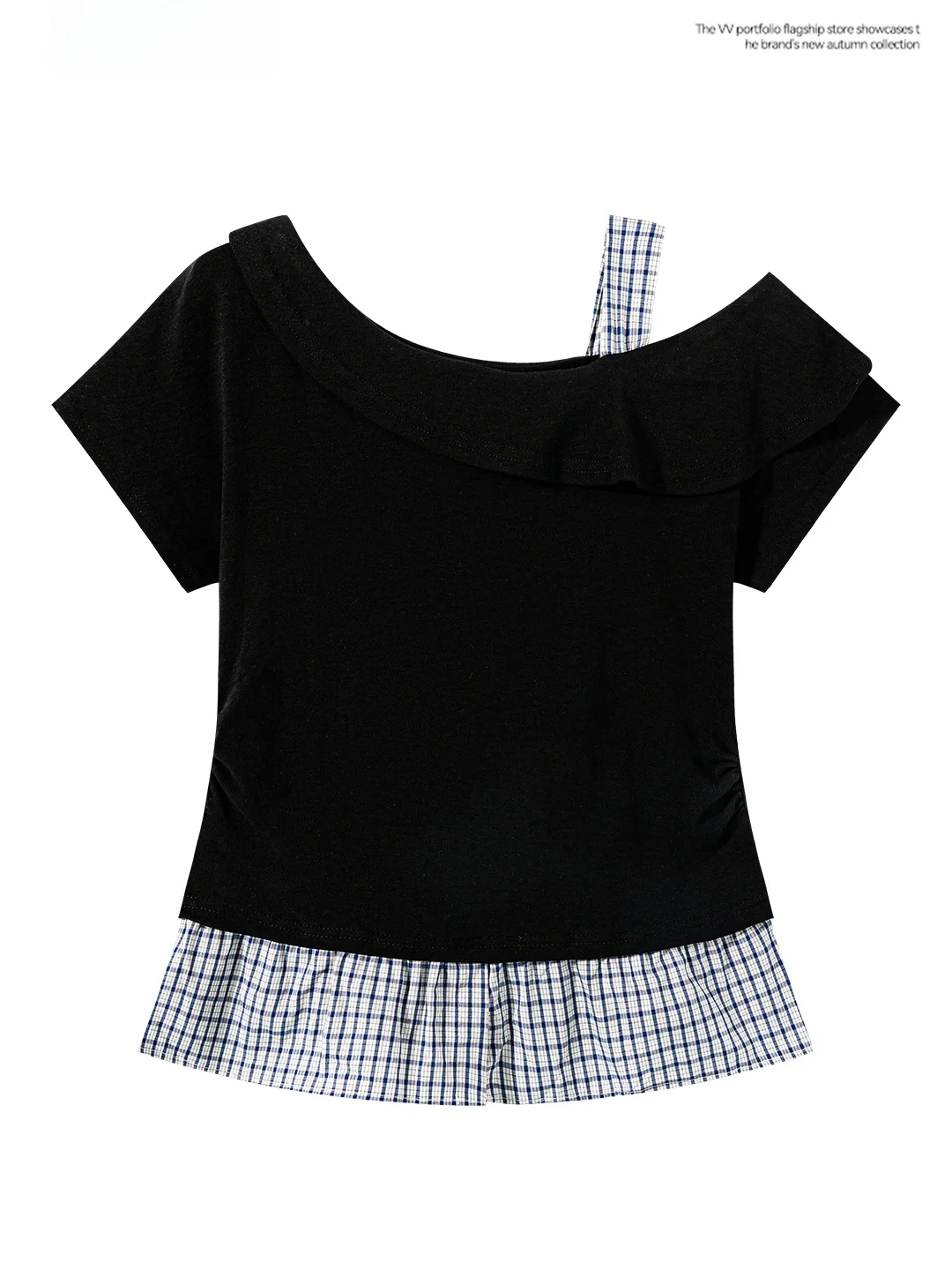 Slim Fit Checkered T-Shirt Women's Summer Short Sleeve Sexy Side Neckline Pleated Hemline Korean Style Black Top for Teens