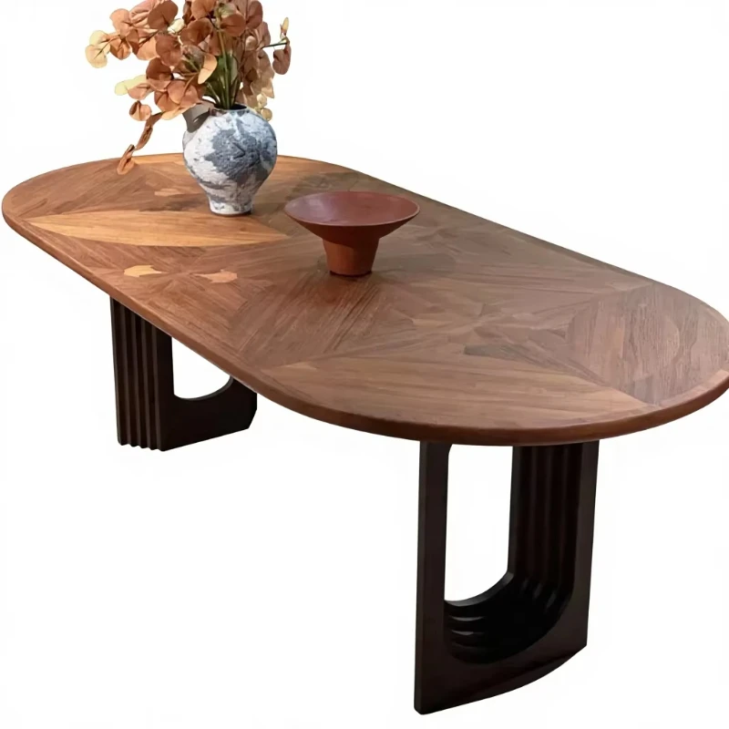 

Modern walnut-colored oval solid wood tabletop bamboo leg 6-seater dining table, suitable for hotel and family use