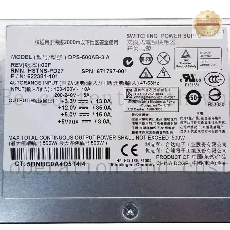 YD Original 500W for ProLiant DL160 G8 Gen8 Server Hot Plug Switching Power Supply DPS-500AB-3 A HSTNS-PD27 671797-001 622381-10