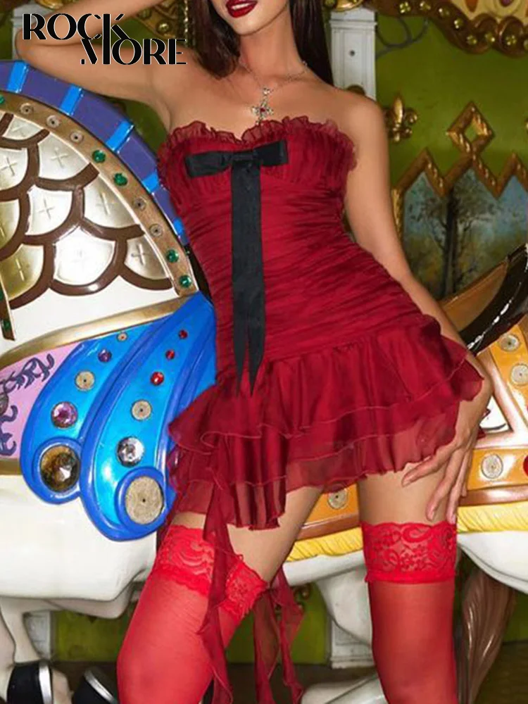 

Rockmore Christmas Party Red Strapless Dresses y2k Aesthetic Holiday Sexy Bow Ruffle Trim Slim Mini Dress Vintage Women Outfits