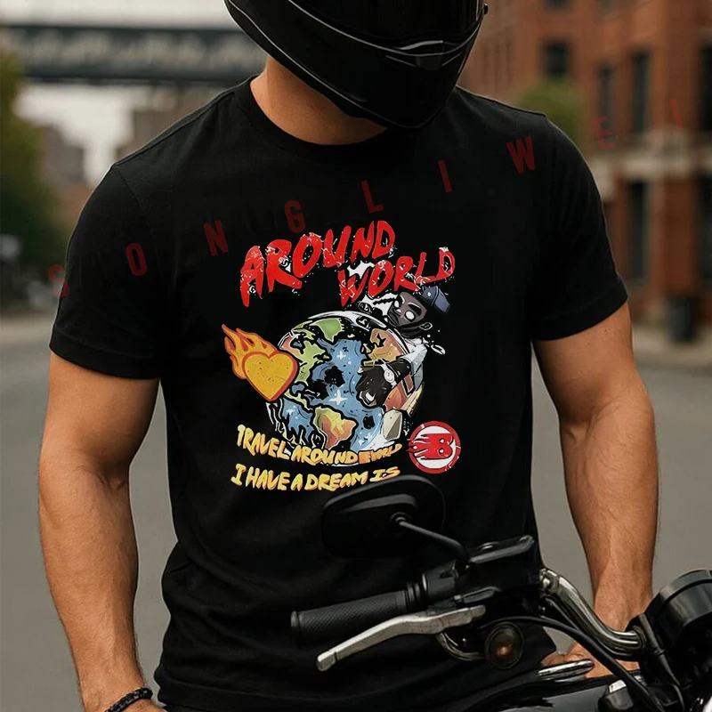 

Around World Motorcycle Design T-Shirt Cotton Men Summer TShirts Casual Short Sleeve Round Neck Tees