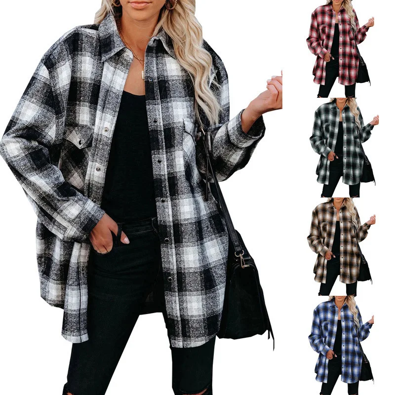 

Women's Ele Long Loose Cheered irt Autumn Winter Plaid irt Midi Length Women's Faion Polyester Long Sve irt