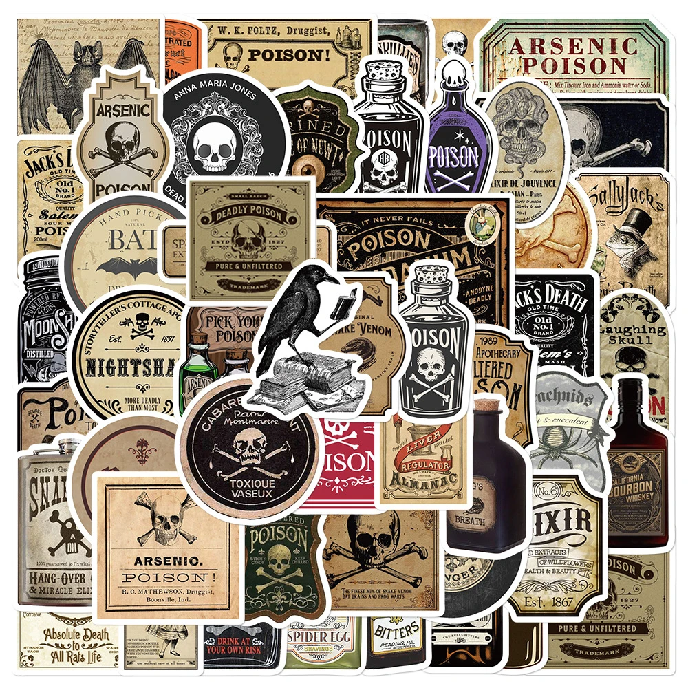 10/30/50pcs Horror Vintage Potion Bottle Labels Stickers Gothic Skull Witch Decals Laptop Helmet Diary Phone Cool Sticker Decor