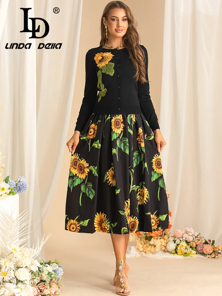 LD LINDA DELLA Autumn/Winter Women's Suit Long-Sleeved Single-Breasted Tops+Spaghetti Strap Square-Neck Print Dress 2 piece set