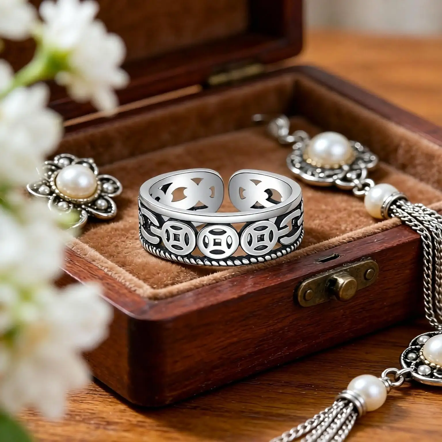 Vintage 925 Sterling Silver Coin Pattern Open Adjustable Finger Rings For Men Women Anniversary Party Jewelry Gifts Accessory