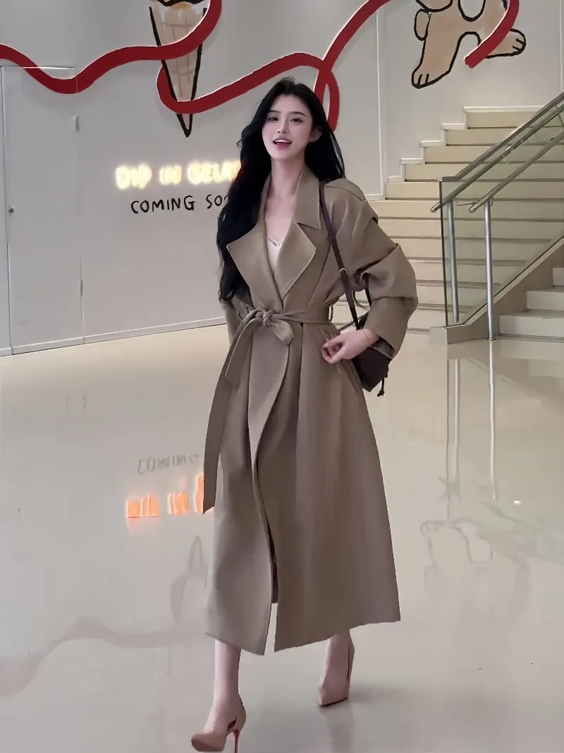 Women Korean Version of Long Khaki H-type Double-breasted Trench Coat 2026 Spring and Autumn Female New Lapel Lace-up Long Coat