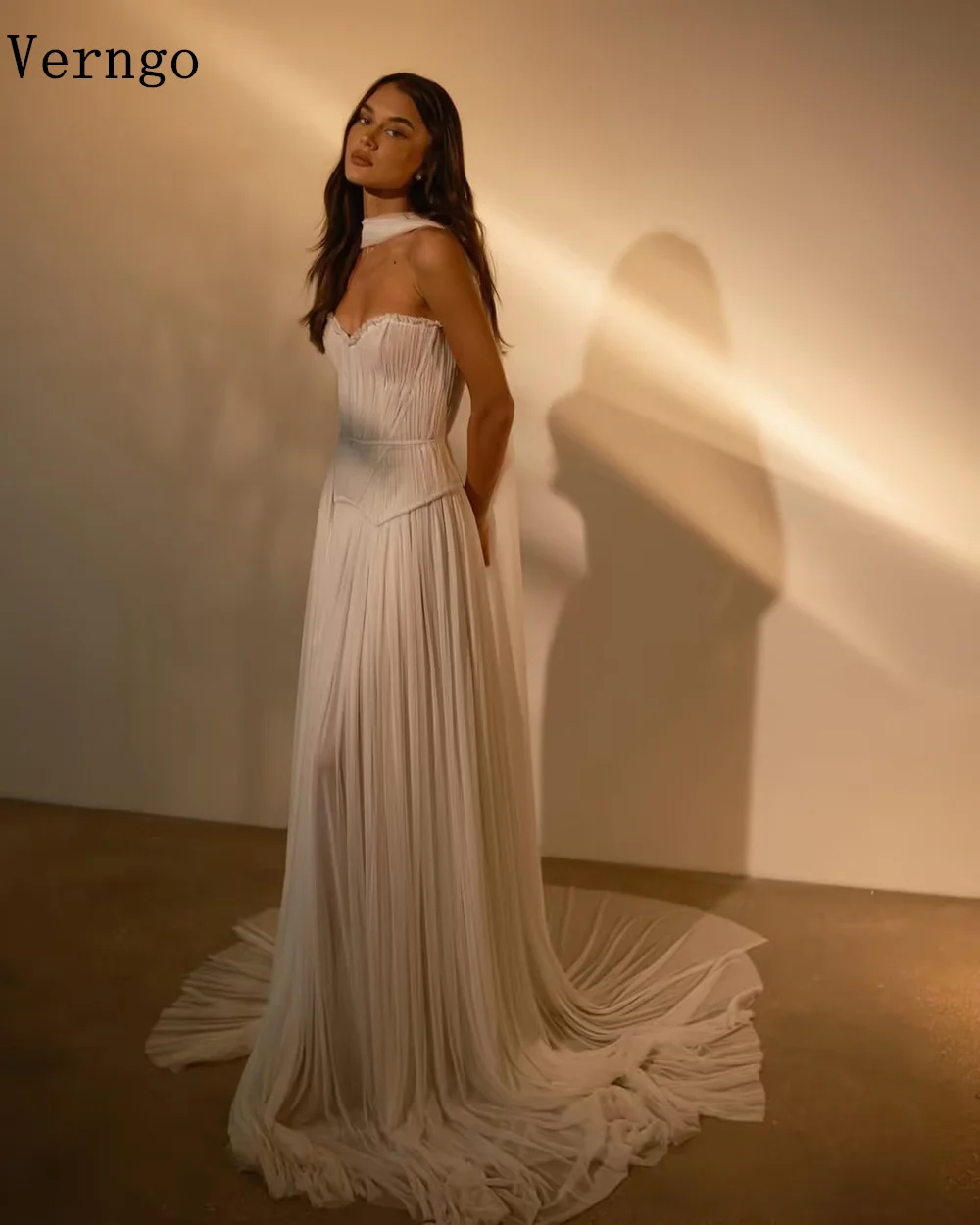 Verngo lvory Chiffon Wedding Dress Strapless A Line Formal Occasion Dresses Sweap Train Bride Gowns Customized