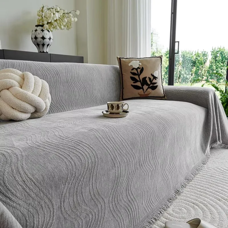 Beige Chenille Sofa Throw Blanket, Wave Texture Non-slip Couch Cover, Tassel Soft Skin-friendly Slipcover for Living Room Decor