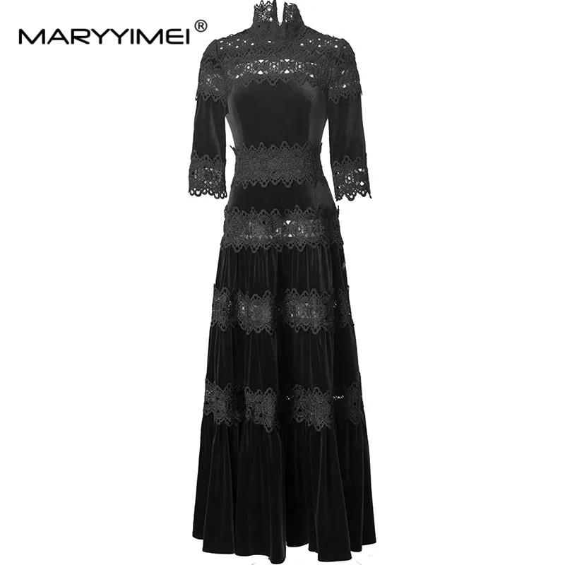 MARYYIMEI Autumn and winter New Style Women's Dress Stand collar Half Sleeved Beading Lace Splicing Hollow Out Dresses