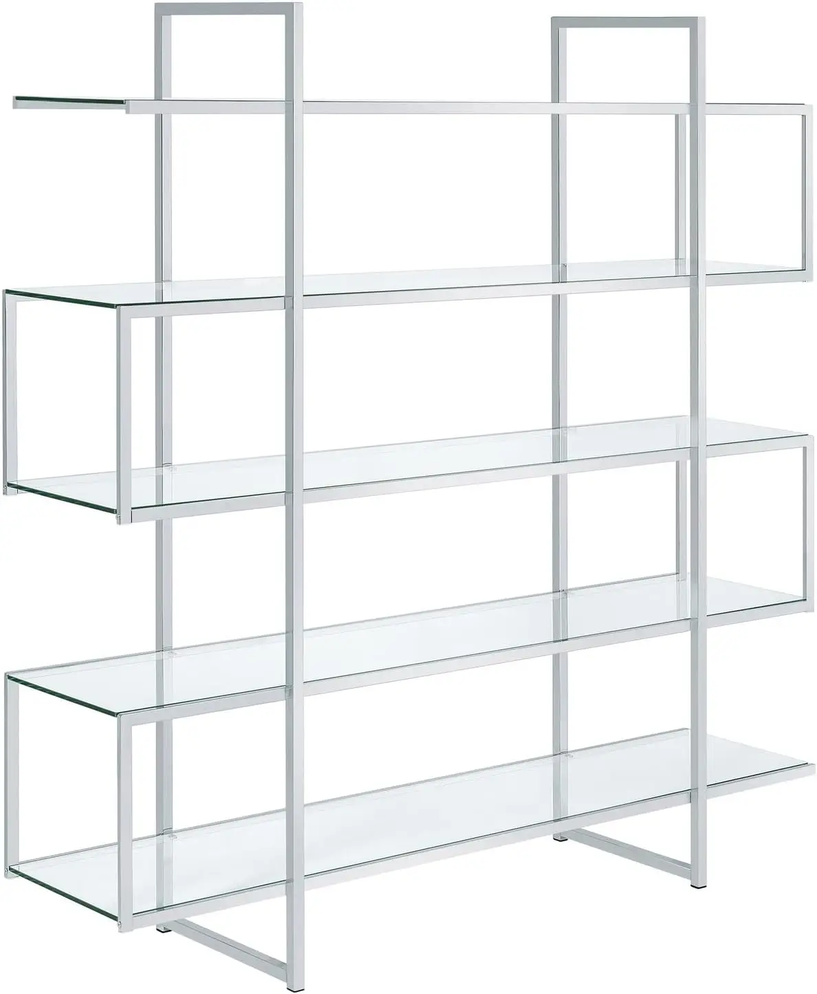 Modern Contemporary 5 Shelf Bookcase Etagere Metal Bookshelf Clear Tempered Glass Shelves Chrome