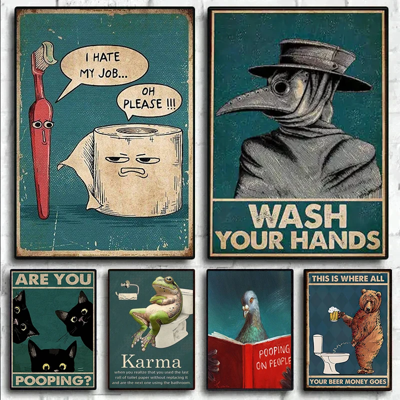 Vintage I Hate My Jobs Funny Toothbrush Toilet Paper Poster Plague Doctor Wash Your Hand Canvas Painting Wall Art Room Decor