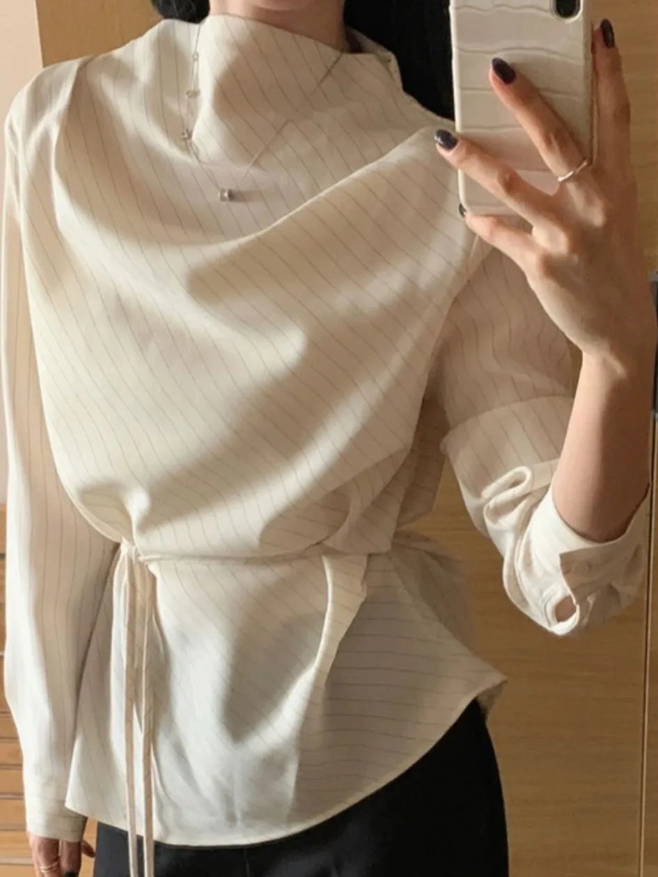 

Эффективная корректирующая блузка для похудения, новинка весеннего сезона, женская рубашка в полоску, корейский стиль, с длинным рукавом, приталенная, с утягивающим эффектом на талии