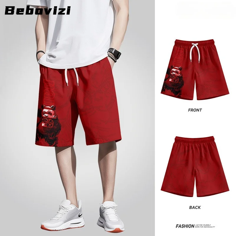 Chinese Style Anime Kung Fu Panda Print Quick Dry Shorts, Summer Lightweight Men's Beach Red Sports Shorts