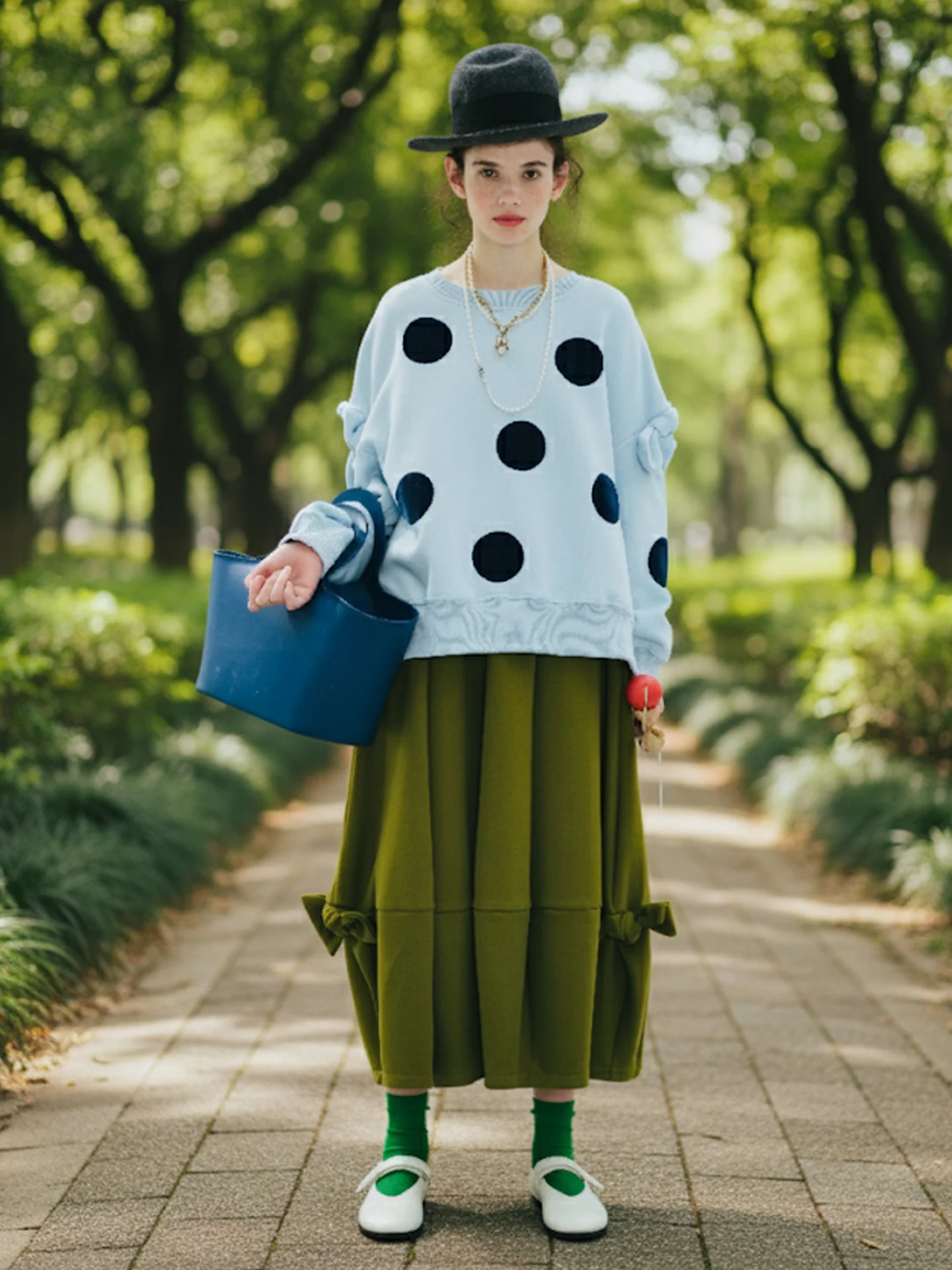 

imakokoni 2025 Autumn Japanese-Style Artistic Olive Green Bowknot Elastic-Waist Lantern Skirt 255225