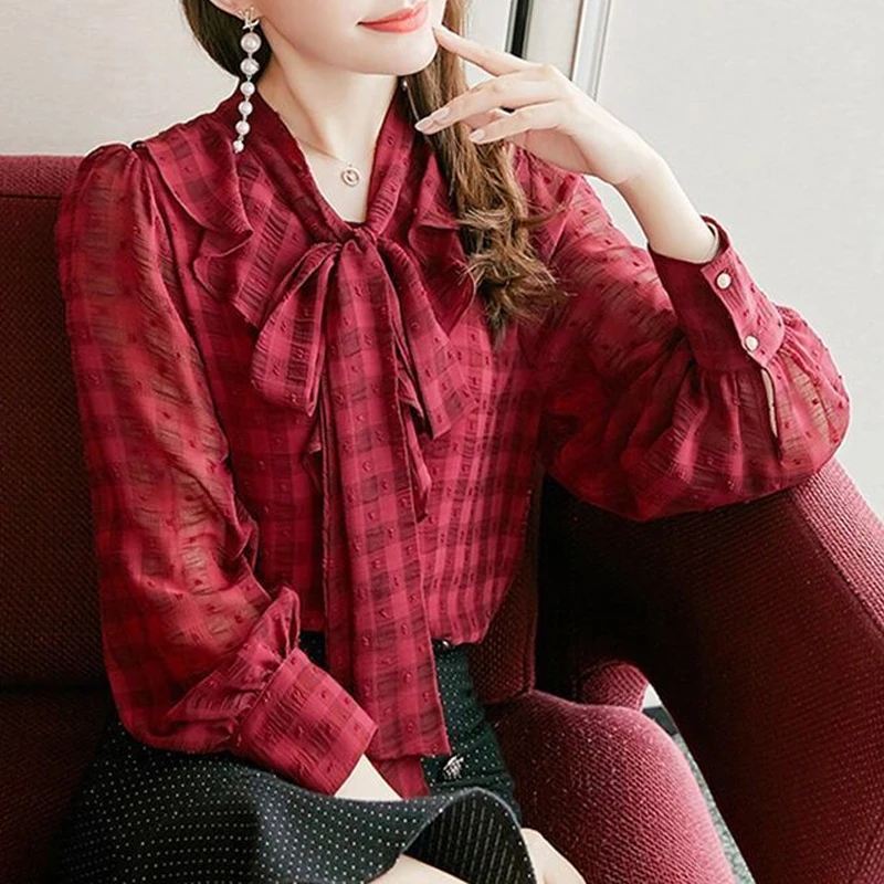 Women Korean Ruffles Lace Up Elegant Blouses Autumn Office Lady Casual Shirts Solid Long Sleeve Loose Tops Blusa Mujer Moda 2023