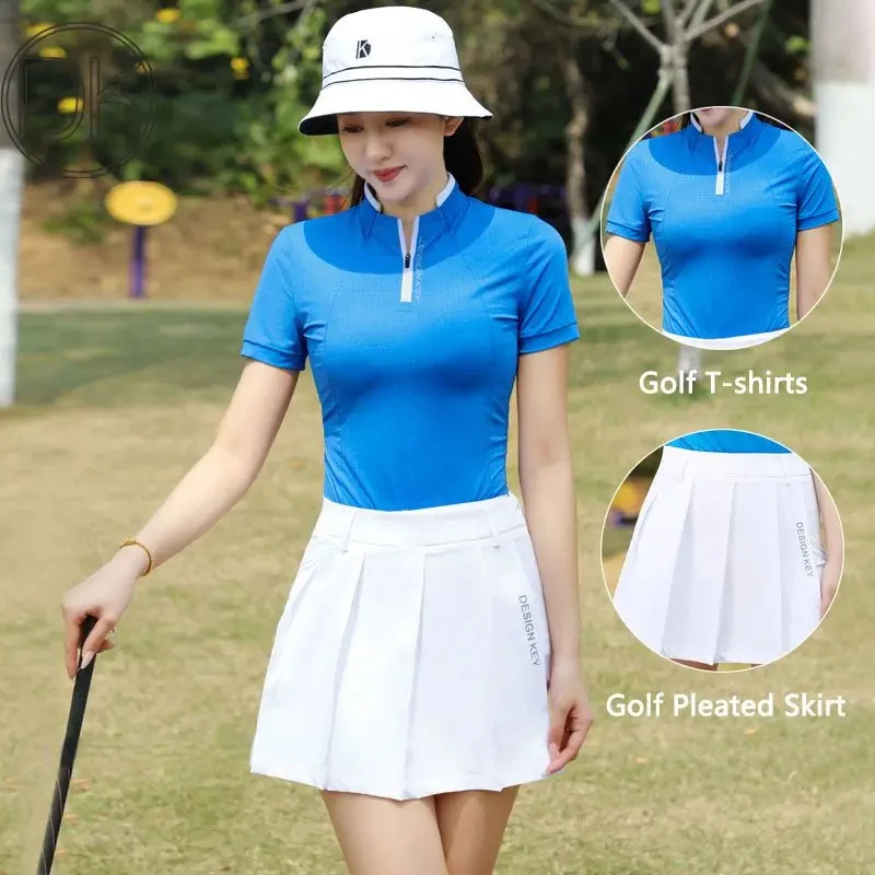 DK Women Zipper Collar Golf T-shirt Quick Dry Short Sleeve Tops Ladies High-waist Golf Skirts Pleated Anti-light Skorts Elegant