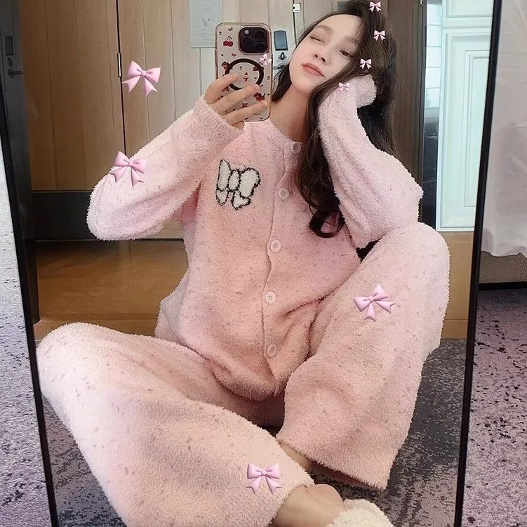 

Женский пижамный комплект с брюками из шерстяной смеси, вязаный кабельной вязкой, зимний, теплый, уютный, с V-образным вырезом, с длинными рукавами, полноразмерный, для женщин