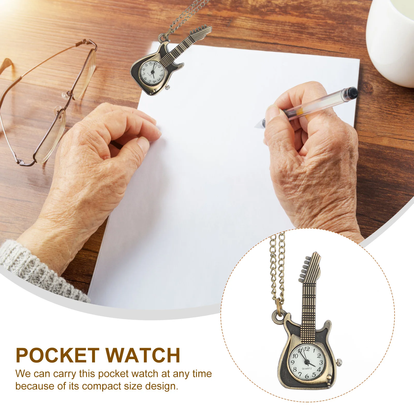 

Guitar Shape Vintage Pocket Watch Men's Quartz Accurate Time Large Number Markers Lightweight Steampunk Necklace Chain Retro