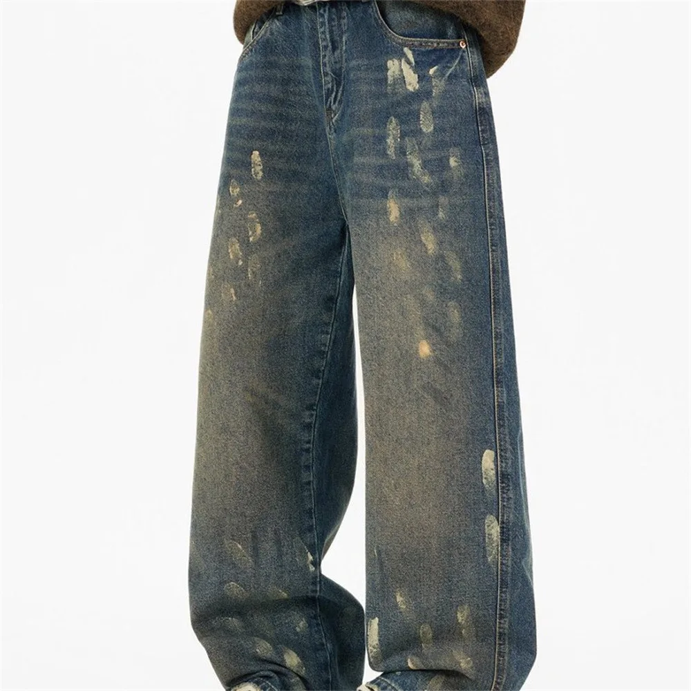 MWJLPWQ Street Style Paint-Splattered Distressed Jeans Men Street Fashion Washed Stained Design Loose Straight-Leg Pants 20139