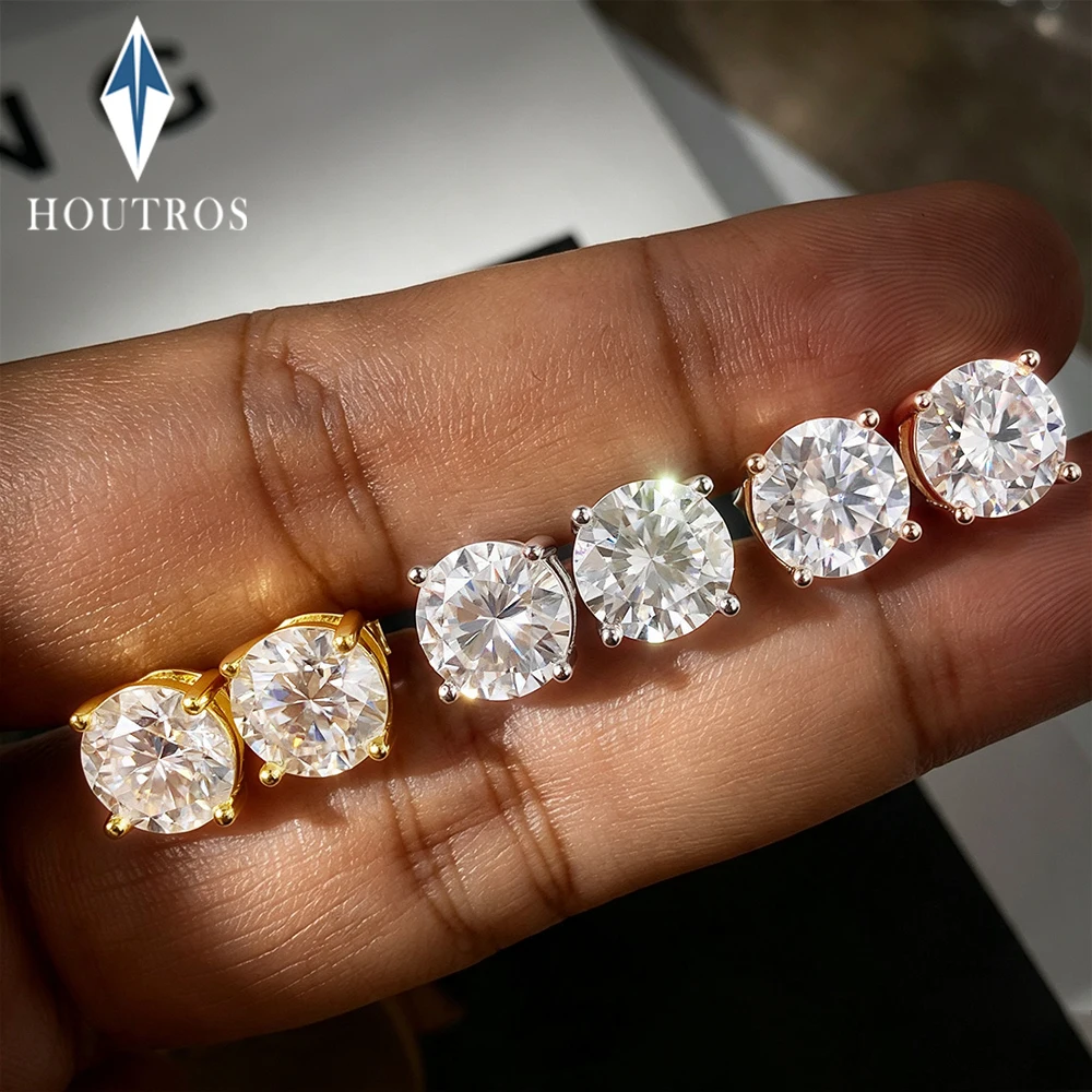 Houtros 0.1-7CT Moissanite Studs Earrings for Men Women 925 Sterling Silver Four Claw Wedding Diamond Earrings Luxury Jewelry