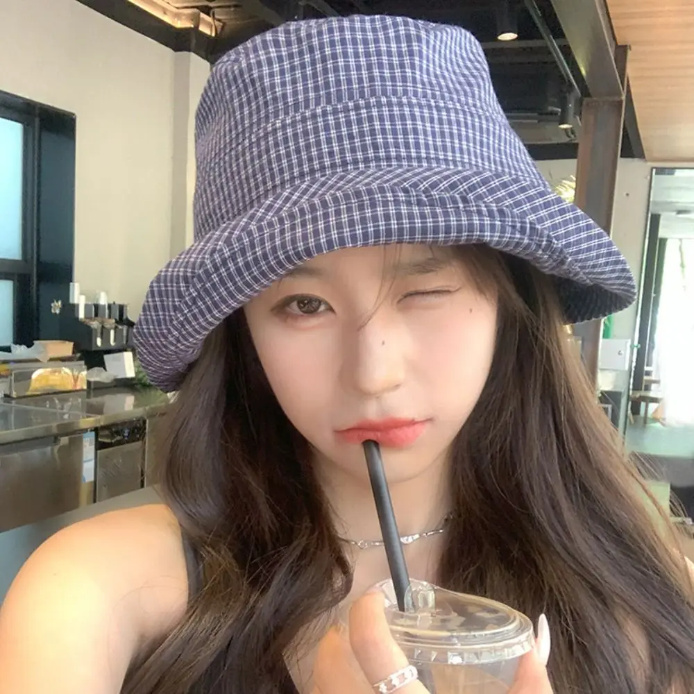 Модная летняя клетчатая кепка-ведро с загнутым бантом, клетчатая шляпа от солнца, складные быстросохнущие рыбацкие шапки для женщин