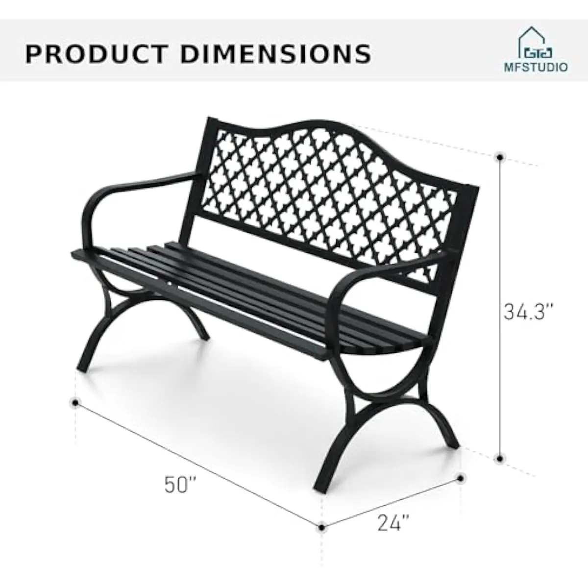 50 Inch Vintage Style Outdoor Bench with Clover Motif Backrest Iron Frame Black Finish Weather Resistant Electrophoretic Coating