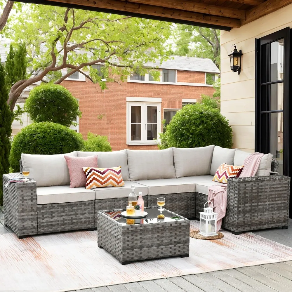 

6 Pieces Patio Furniture Set Outdoor Sectional Sofa Couch with Comfy Cushions and Deep Seat, Modern Modular Wicker Rattan