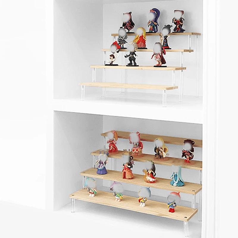 1-4 Tier Wood Display Risers Wooden Step Shelf Rack Doll Clay Figurine Display Stand for Desserts Perfume Organizer Showcase