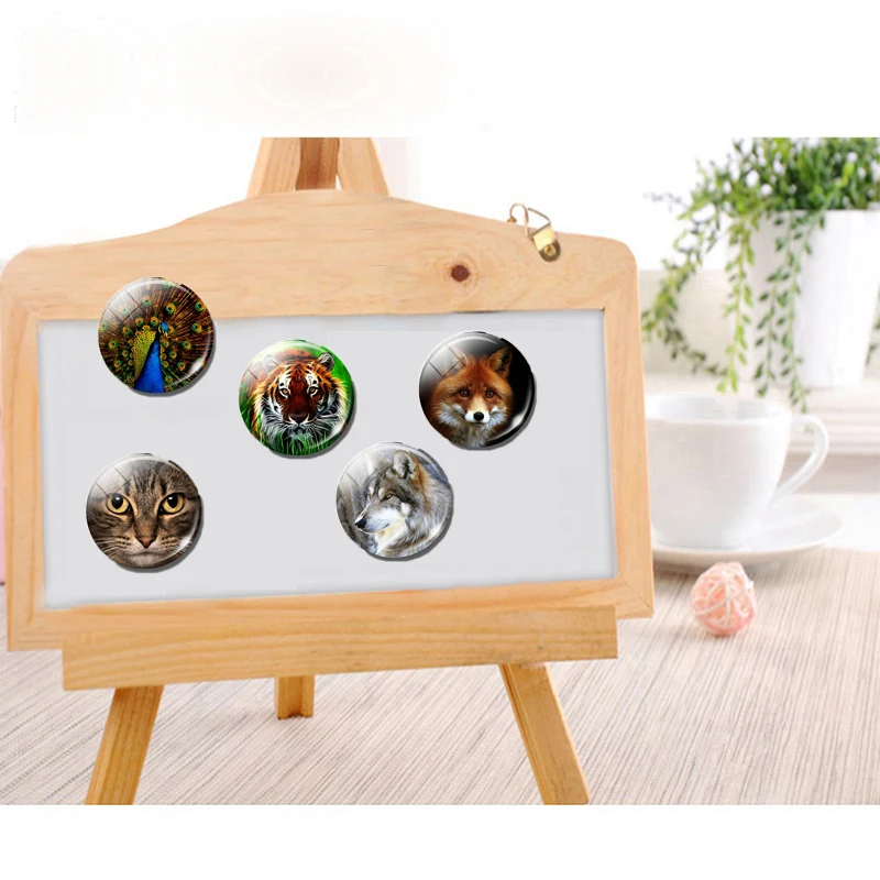 Cartoon Animal 30 MM Fridge Magnet Tiger Peacock Fox Cat Wolf Glass Magnetic Refrigerator Stickers Note Holder Decor