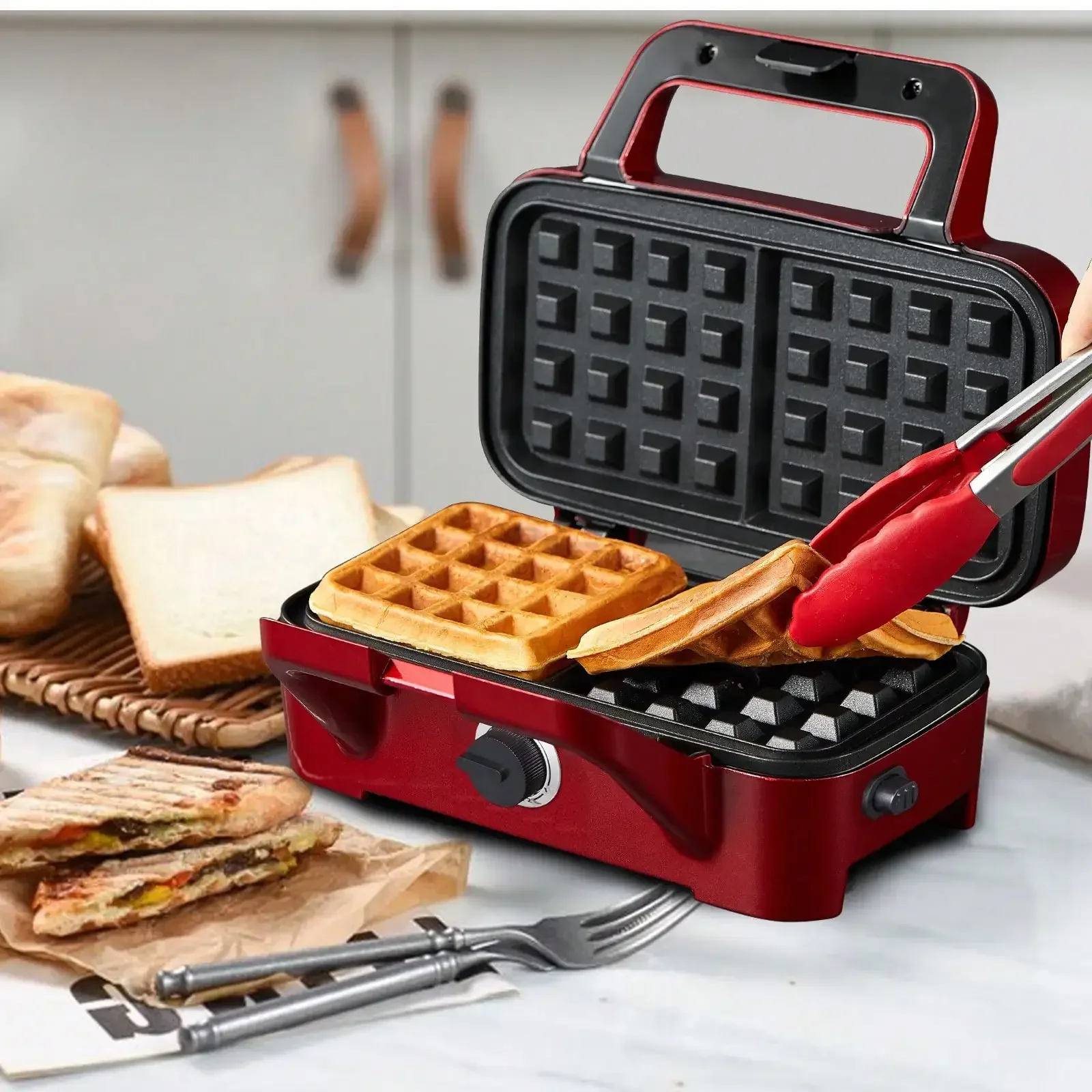 

Waffle Maker 3 In 1 Sandwich Maker 1200W Panini Press With Removable Plates And 5-Gear Temperature Control, Non-Stick Coating Ea