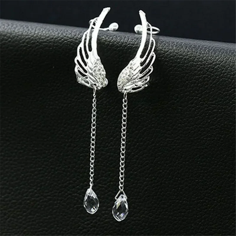 Angel Wings Crystal Earrings Silver Plated Dangling Earring for Women Long Cuff Earring Bohemia Tassel Ear Jewelry