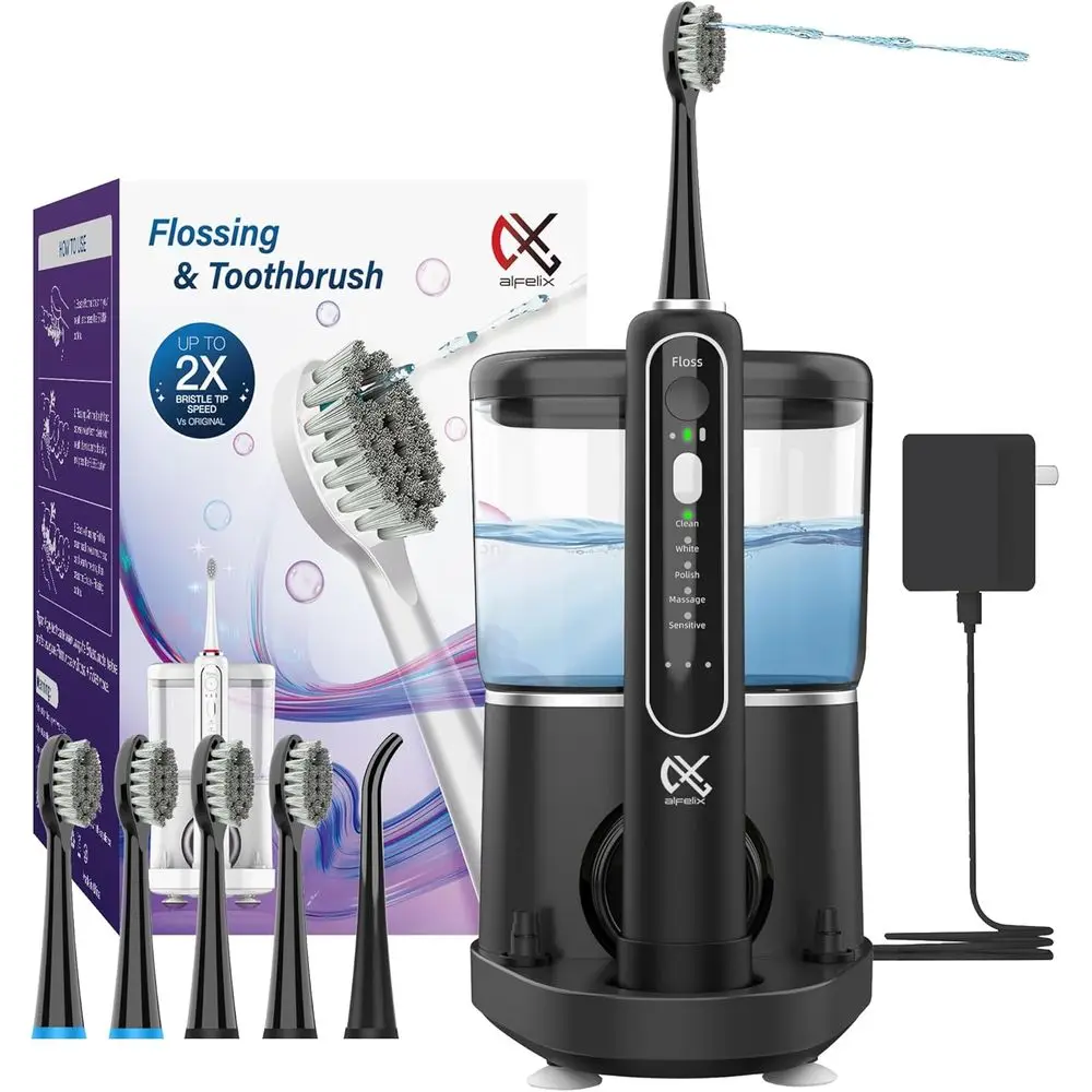 

Dual-Function Electric Toothbrush and Water Flosser, Cordless Brush with Water Jet (Black)