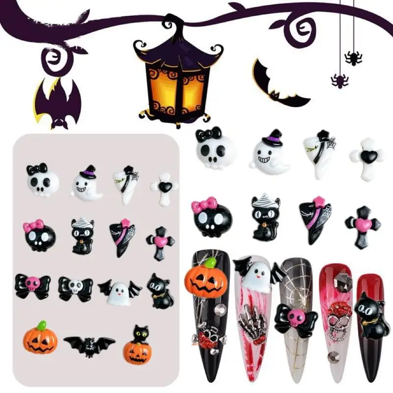 10PCS Cartoon Funny Ghost Pumpkin Monster Nail Charms Cute Bow Skull Cat Resin Nail Art Decorations for DIY Hallowween Nails image 3