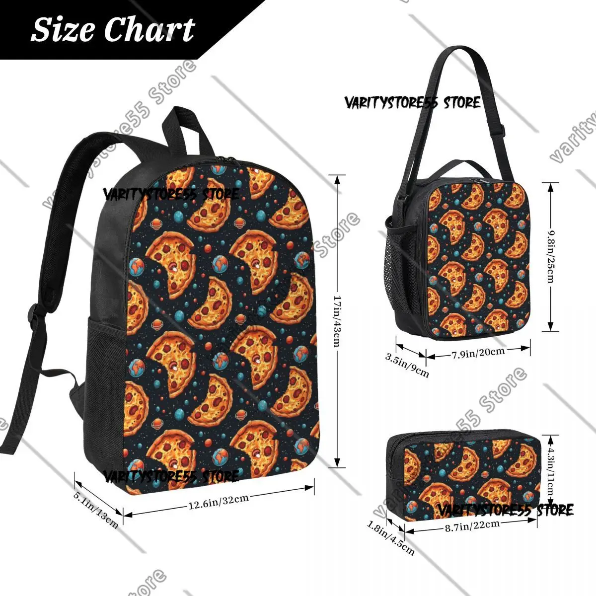 Pizza in Space Cosmic Foodie Design Whimsical Pizza Lover's Backpack BookBag School Bag 3ps Insulated Lunch Bag Pencil Case