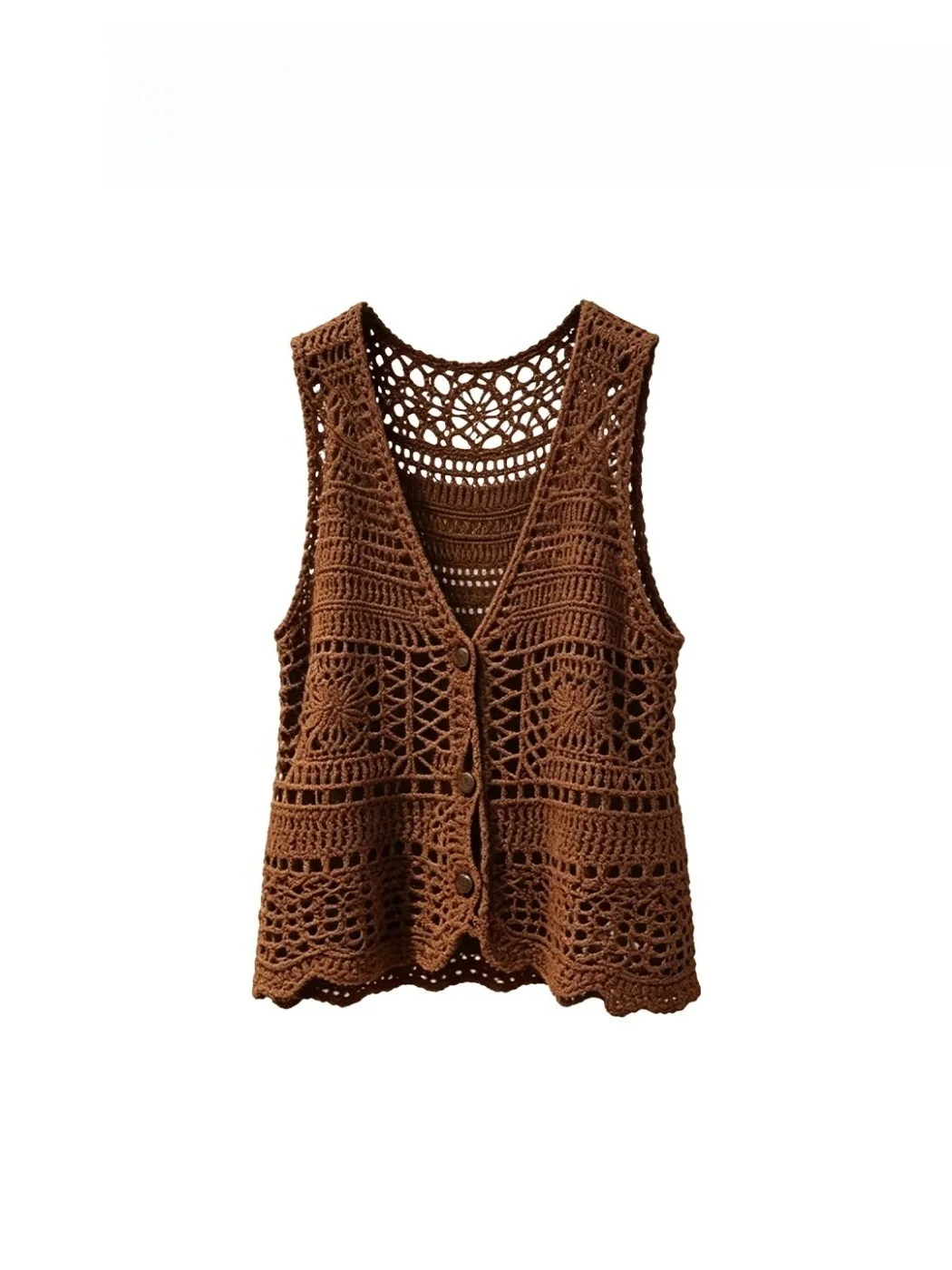 Retro Small Size Hollow out Knitted Strap Vest Women's Summer New Coffee Color Loose Casual Top V-neck Single Button Closure