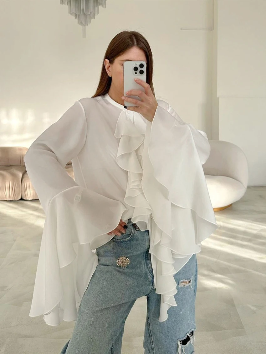 

Parc Fee Fashion Loose White Women's Shirt 2026 Casual O-Neck Long Sleeve Blouse Elegant Classic Ruffles Top Female Clothing